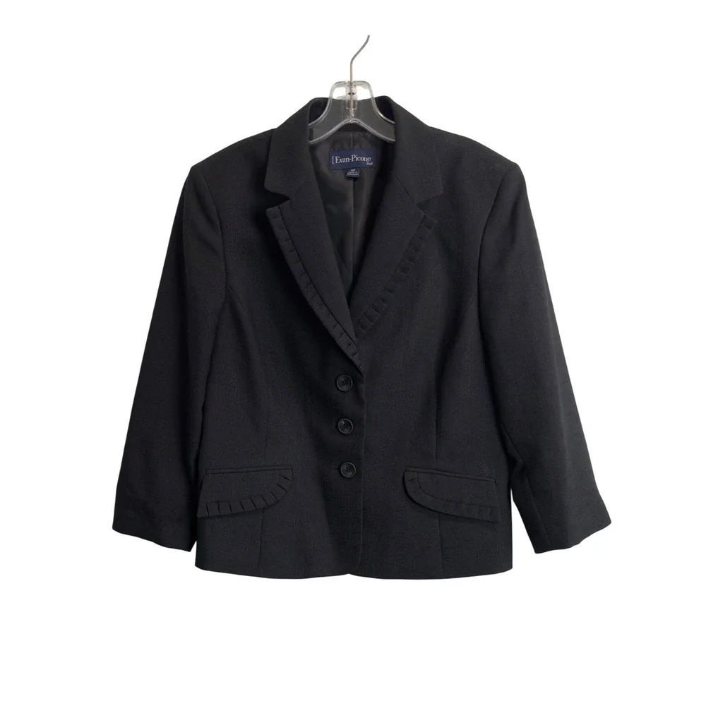 Evan-Picone Black Textured Ruffle Trim Blazer Jacket Petite 14P Professional